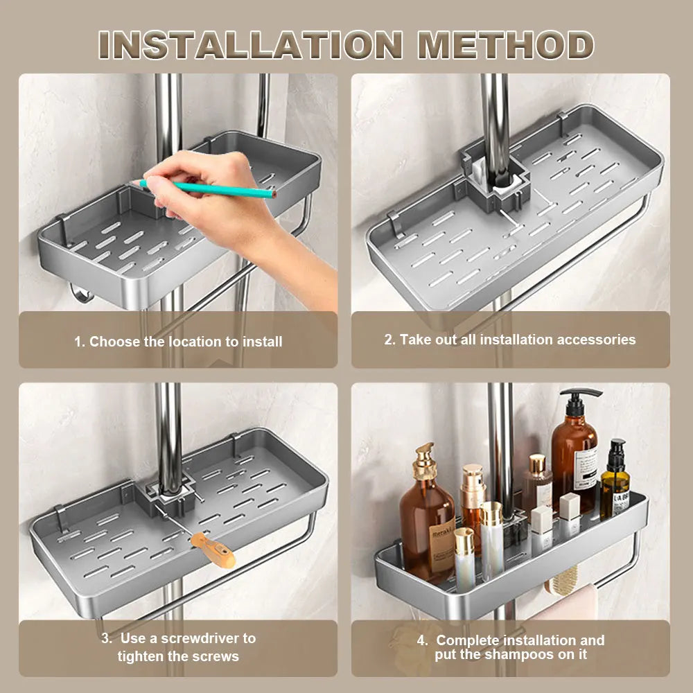 étagère douche argentée moderne vis fixations étagères accessoires toilettes shampooing savonDecoration