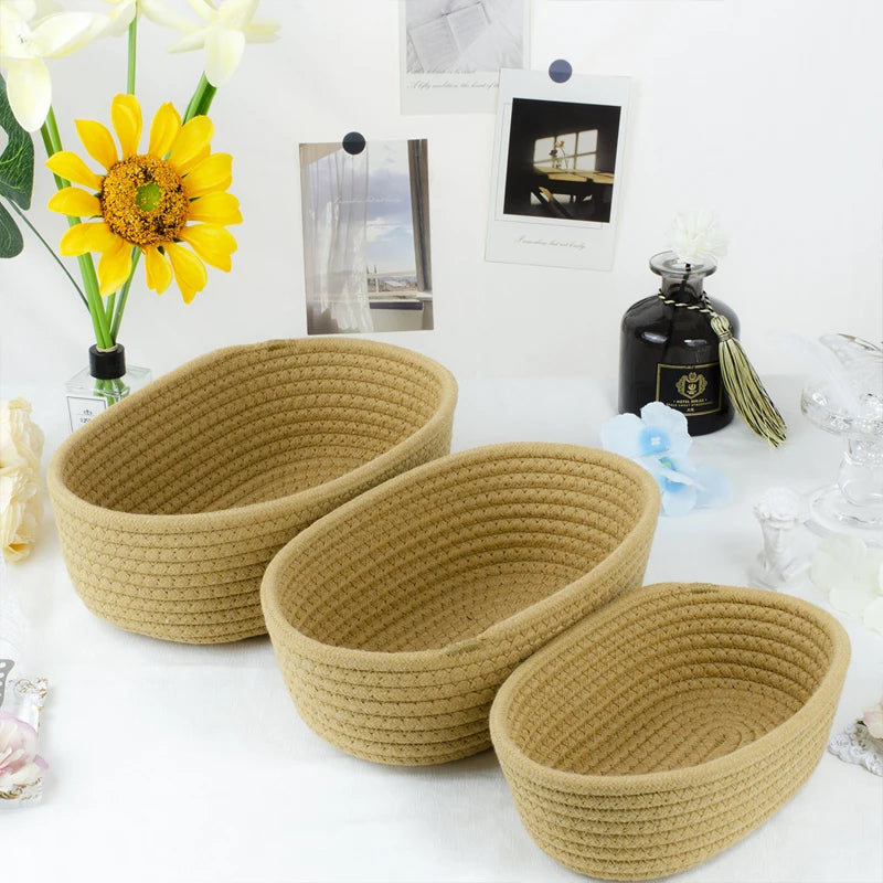 panier rangement tissu coton tressé moderne réutilisable pliable multicolore beige gris rose jaune