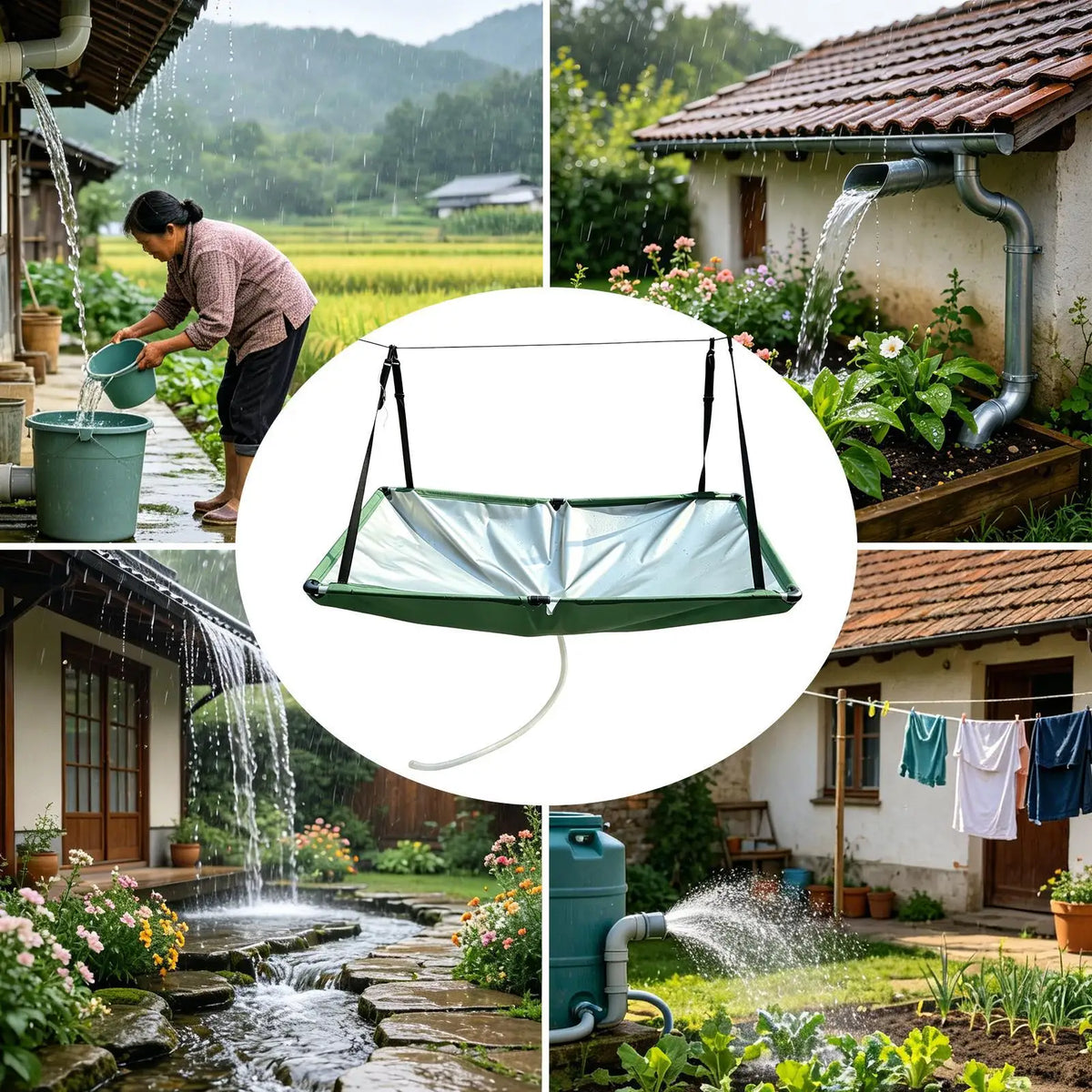 collecteur eau pluie suspendu tapis récupération tuyau arrosage jardin extérieur camping utilitaire