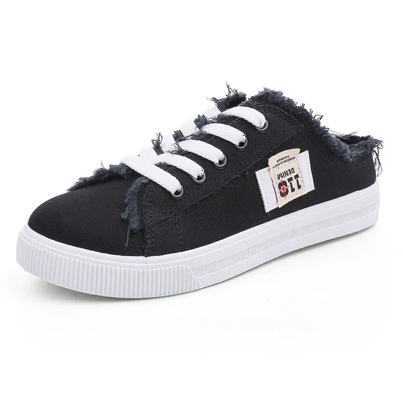 baskets plates femmes toile délavée lacets chaussures décontractées confortables été bleu noir