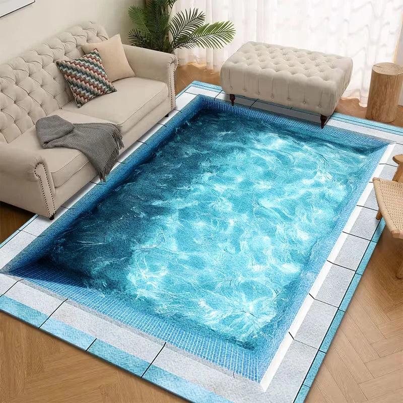 tapis moderne bleu blanc motif eau ondulée antidérapant extérieur salon machine lavable