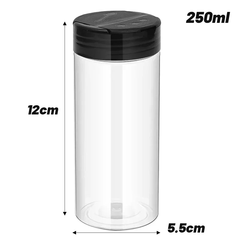 bouteille épices transparente plastique noir rangement condiments cuisine moderne pot assaisonnement poudre liquide liquide