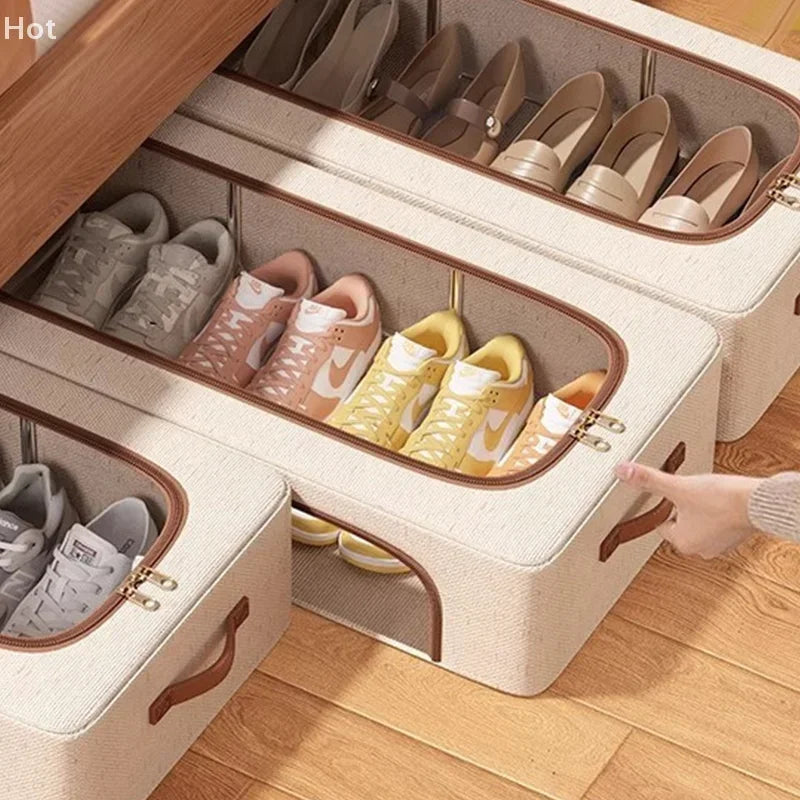 boîte rangement pliable chaussures tissu lin moderne poignées robustes transparente conteneur storage