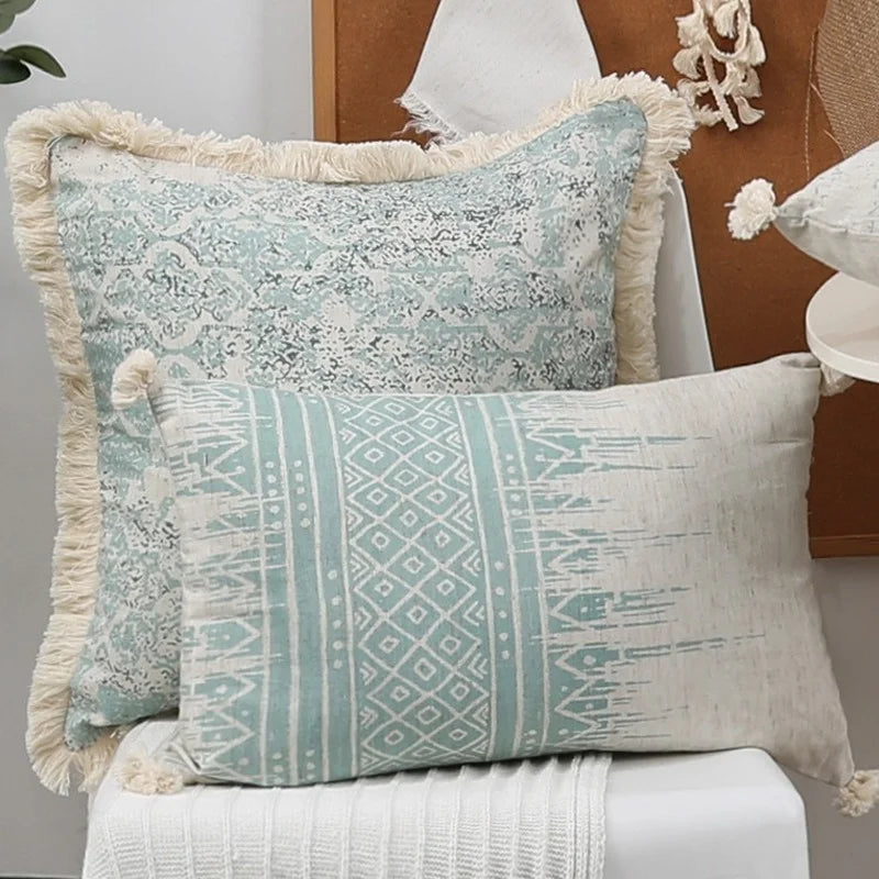 coussin imprimé géométrique boho chic bleu clair beige adhésif 45x45cm décoratif lit siège voiture