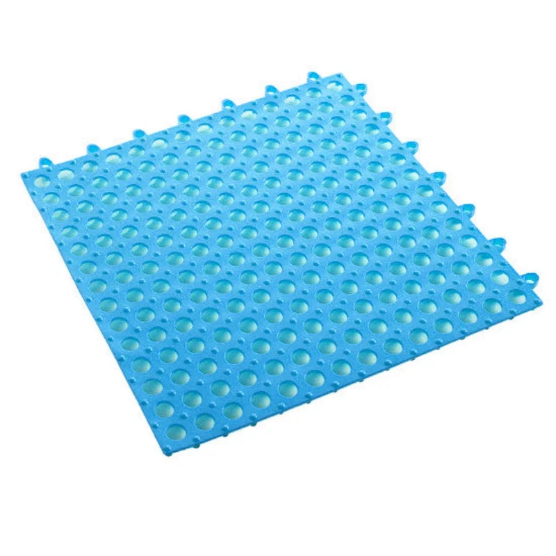 tapis salle bain modulable perforations texturées moderne jaune vert gris fixations noires éléments