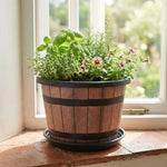 pots fleurs rustiques bois brun noir soucoupe adhésif taille
