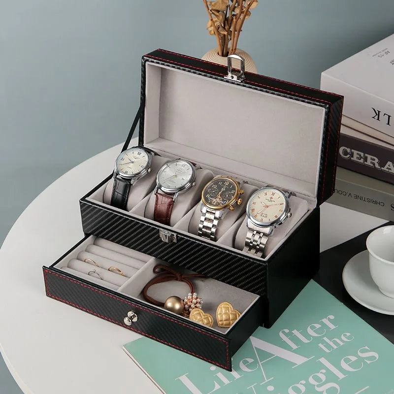boîte rangement cuir noir montres bijoux élégante boutons fermeture moderne