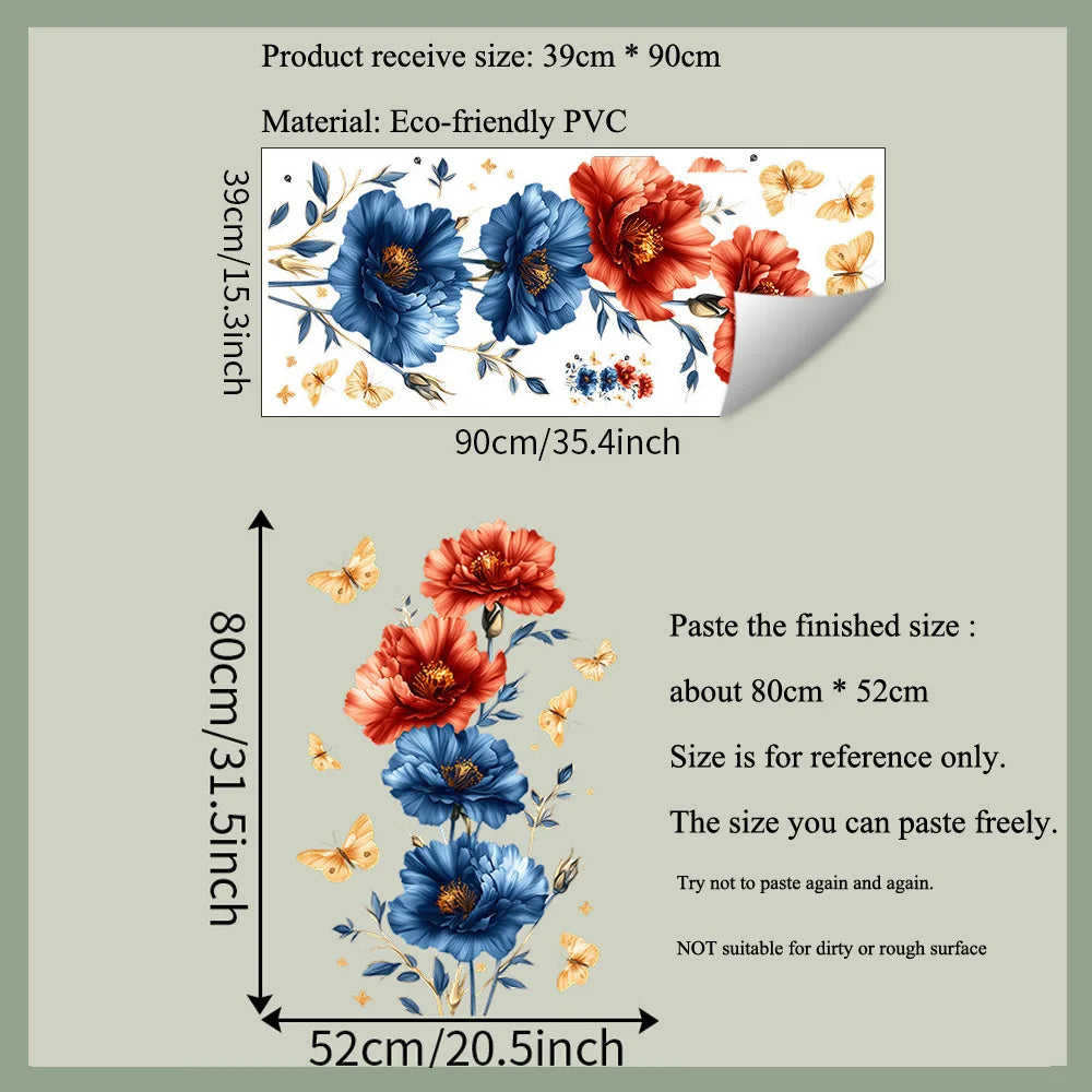autocollant mural fleurs papillons rouge bleu doré floral résistant l'eau PVC adhésif moderne chambre