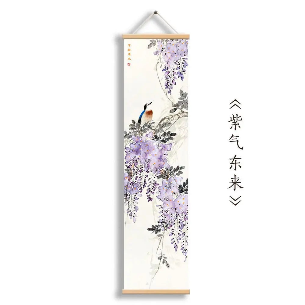 tableau suspendu traditionnel floral oiseaux fleurs fruits branches beige bleu rouge noir violet rose