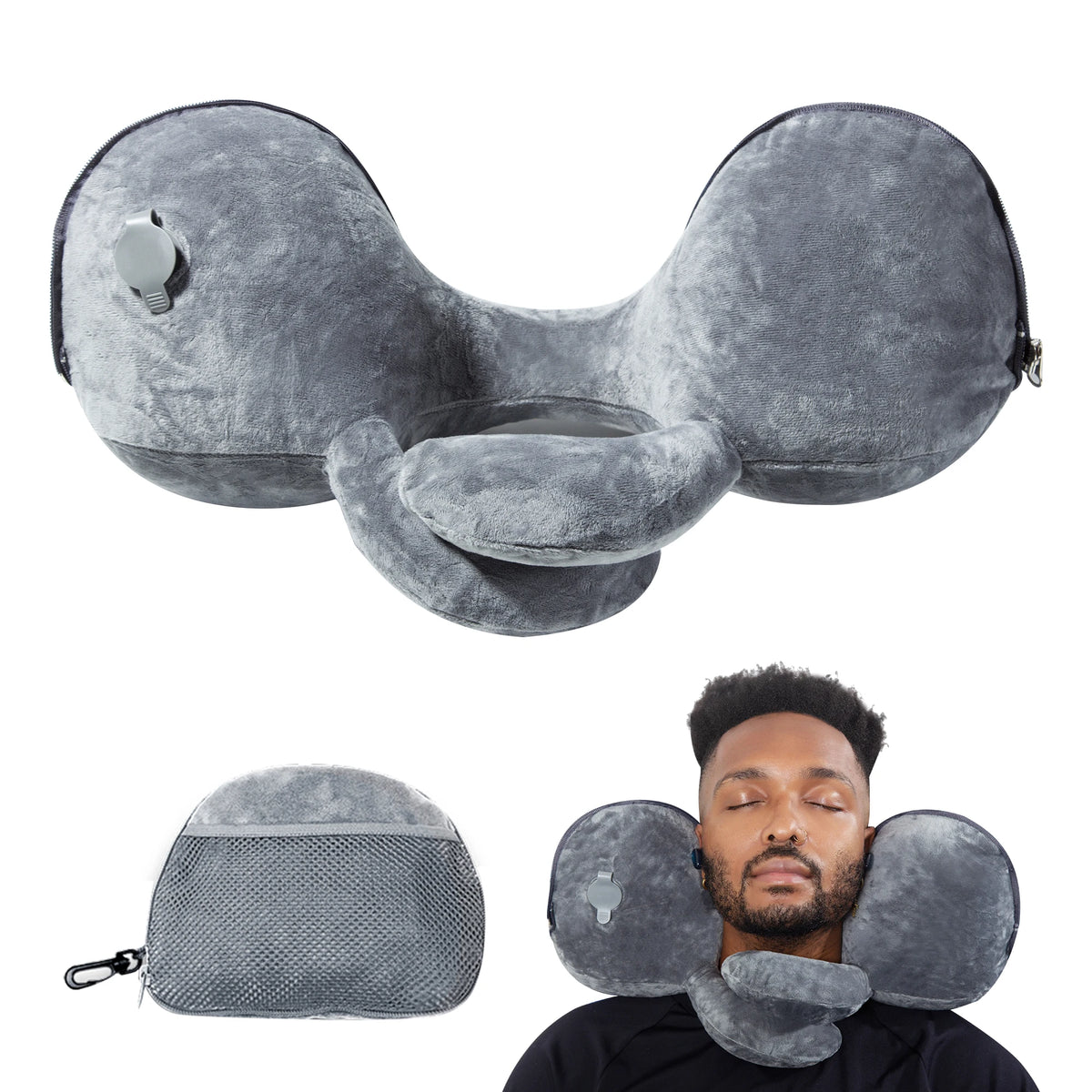coussin voyage velours gris rose confortable zippable sac rangement gonflable polyester microfibre
