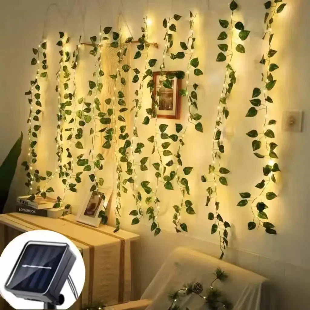 guirlande lumineuse solaire feuilles vertes lumières blanches moderne adhésif panneau solaire décoration extérieure noël