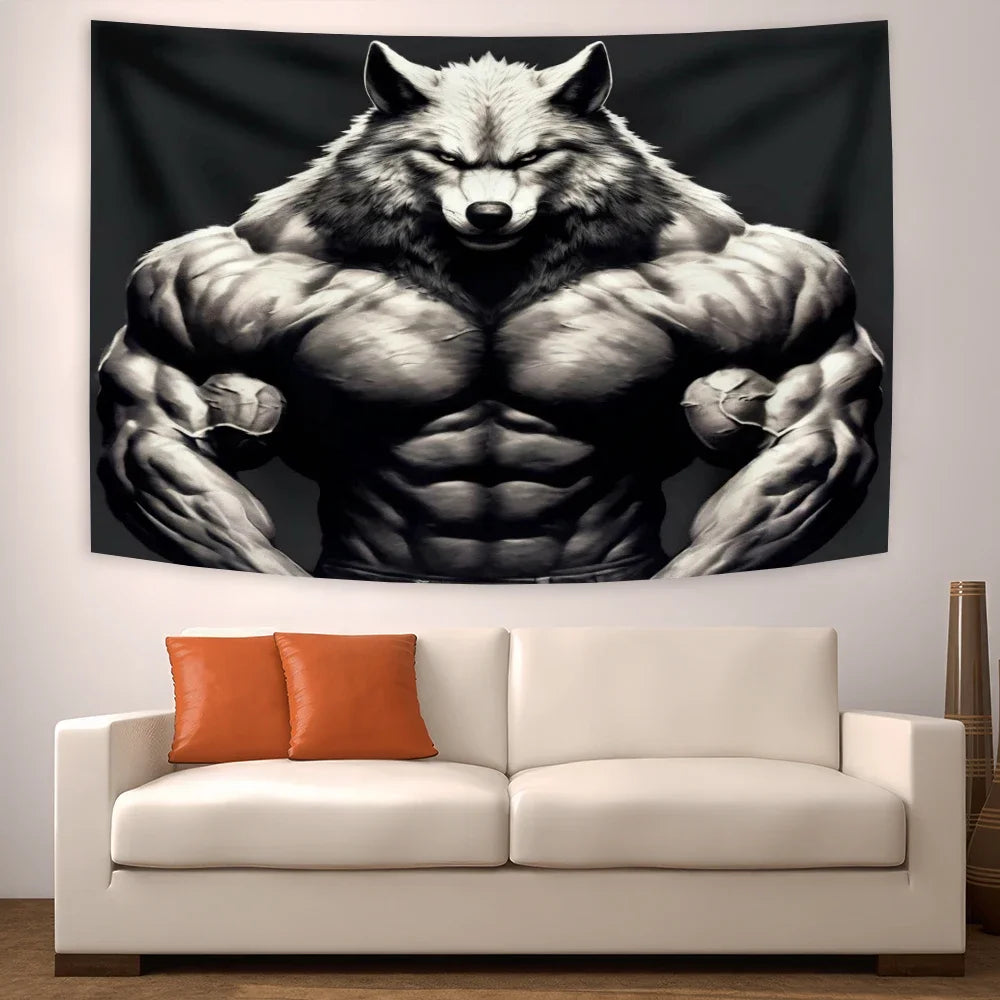 tapisserie loup garou blanc gris forêt musculaire dorés chambre décoration murale imprimée fantaisie sportive