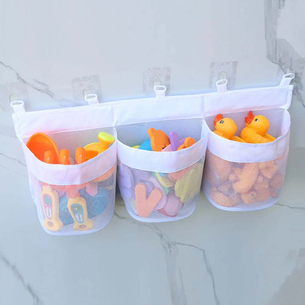 rangement baignoire sac maille blanc moderne clips adhésifs fixe toile organisateur chambre blanc