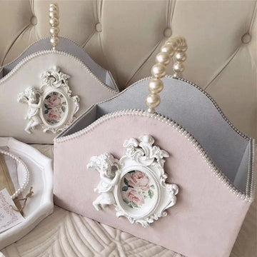 panier rangement shabby chic nacrées tissu texturé rose poudré gris clair vintage blanc nacré