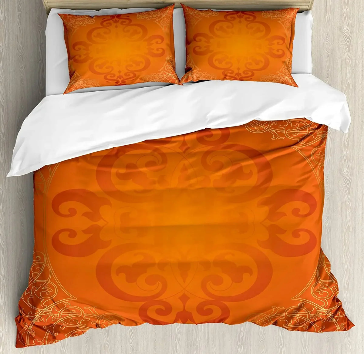 Parure de lit orange motifs royaux vintage housse couette taies oreiller