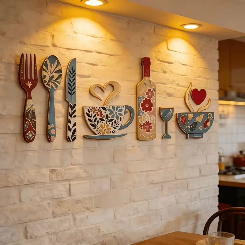 décoration murale bois ustensiles vaisselle fourchette cuillère tasse verre rustique chambre cuisine