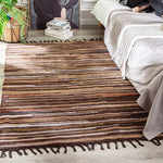 tapis boho ethnique marron beige noir bleu vert gris blanc multicolore rayures horizontales franges