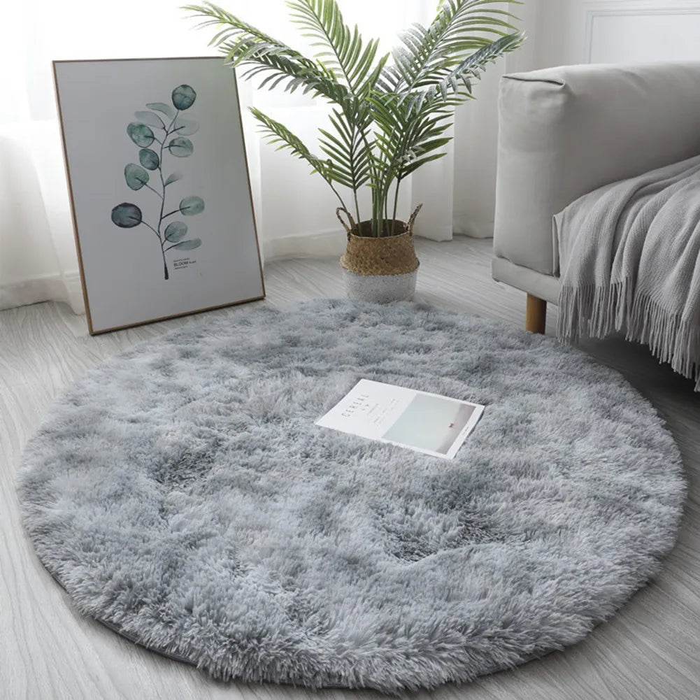 tapis rond peluche doux salon chambre enfant décor intérieur moderne gris bleu rose