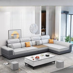 canapé d'angle moderne gris clair gris foncé beige noir tissu rayures géométrique coussins