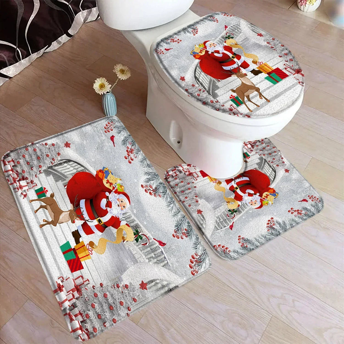 tapis bain noël père noël rennes flocons boules sapins rouge blanc festive