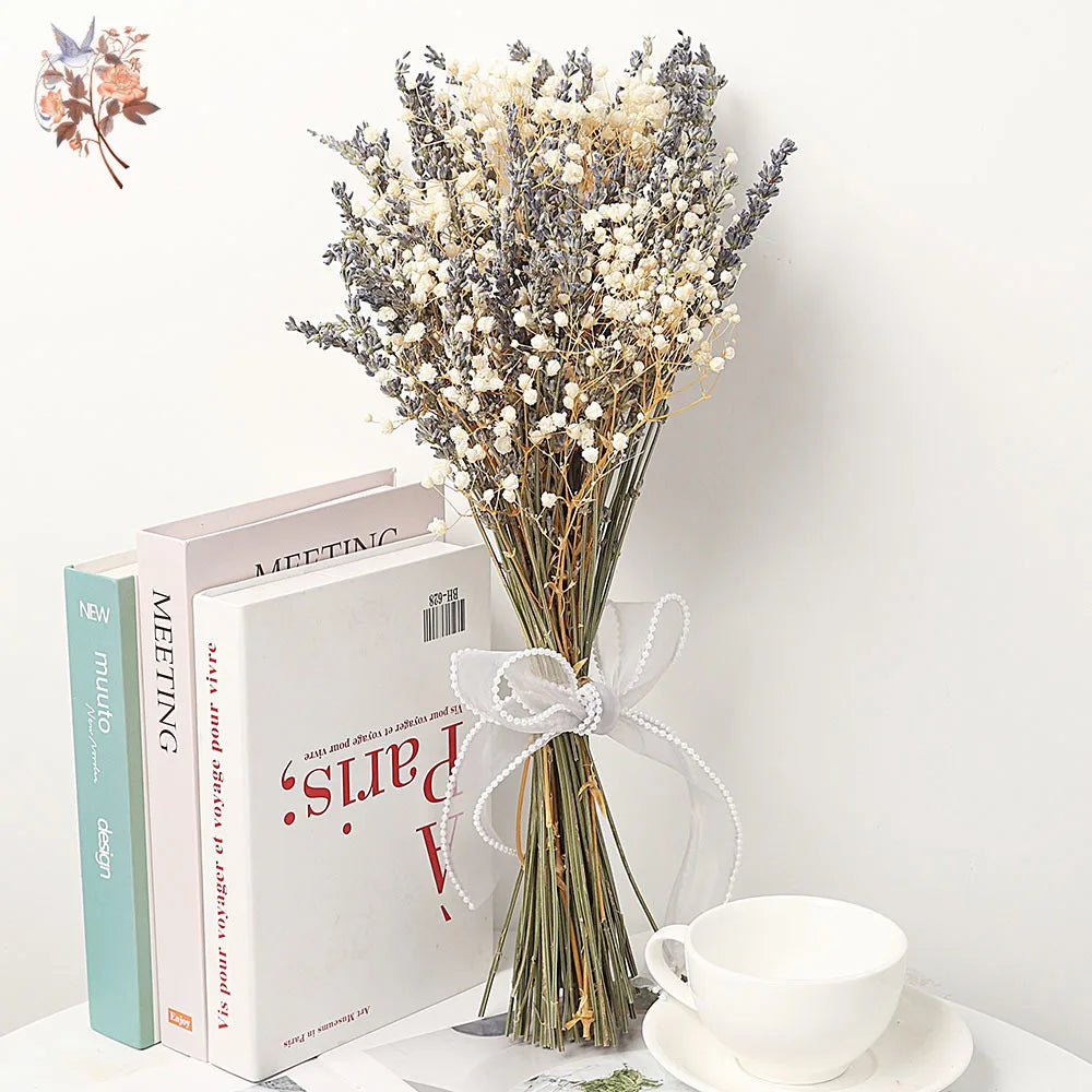 bouquet fleurs séchées lavande gypsophile mixte décoration maison anniversaire mariage violettes blanches boho doux
