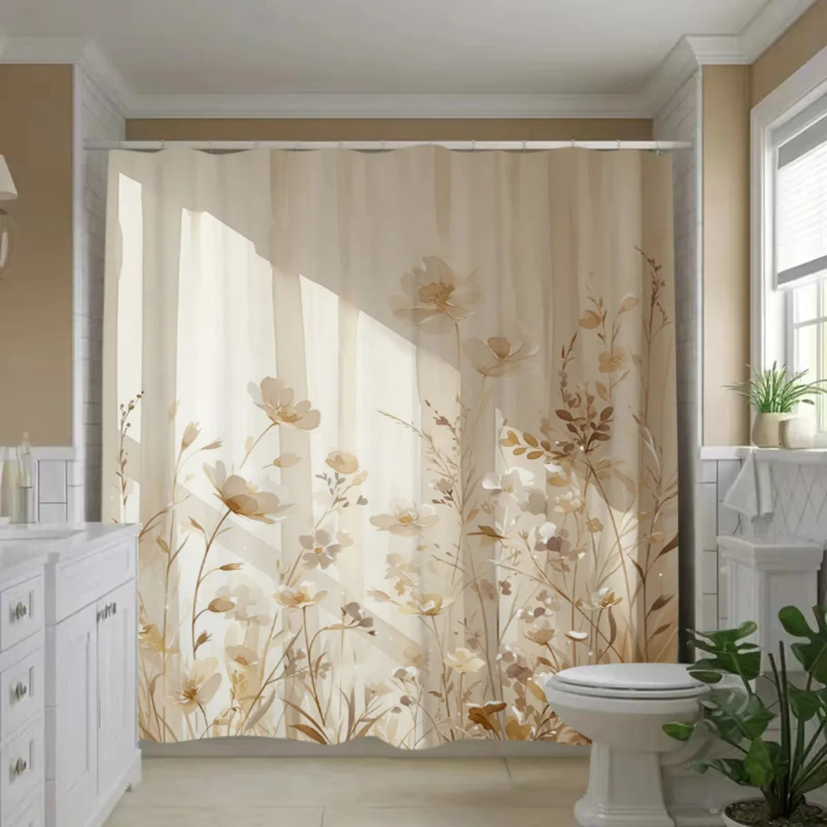 rideau douche moderne fleurs stylisées beige opalescent polyester jacquard naturel élégant salle bain respectueux