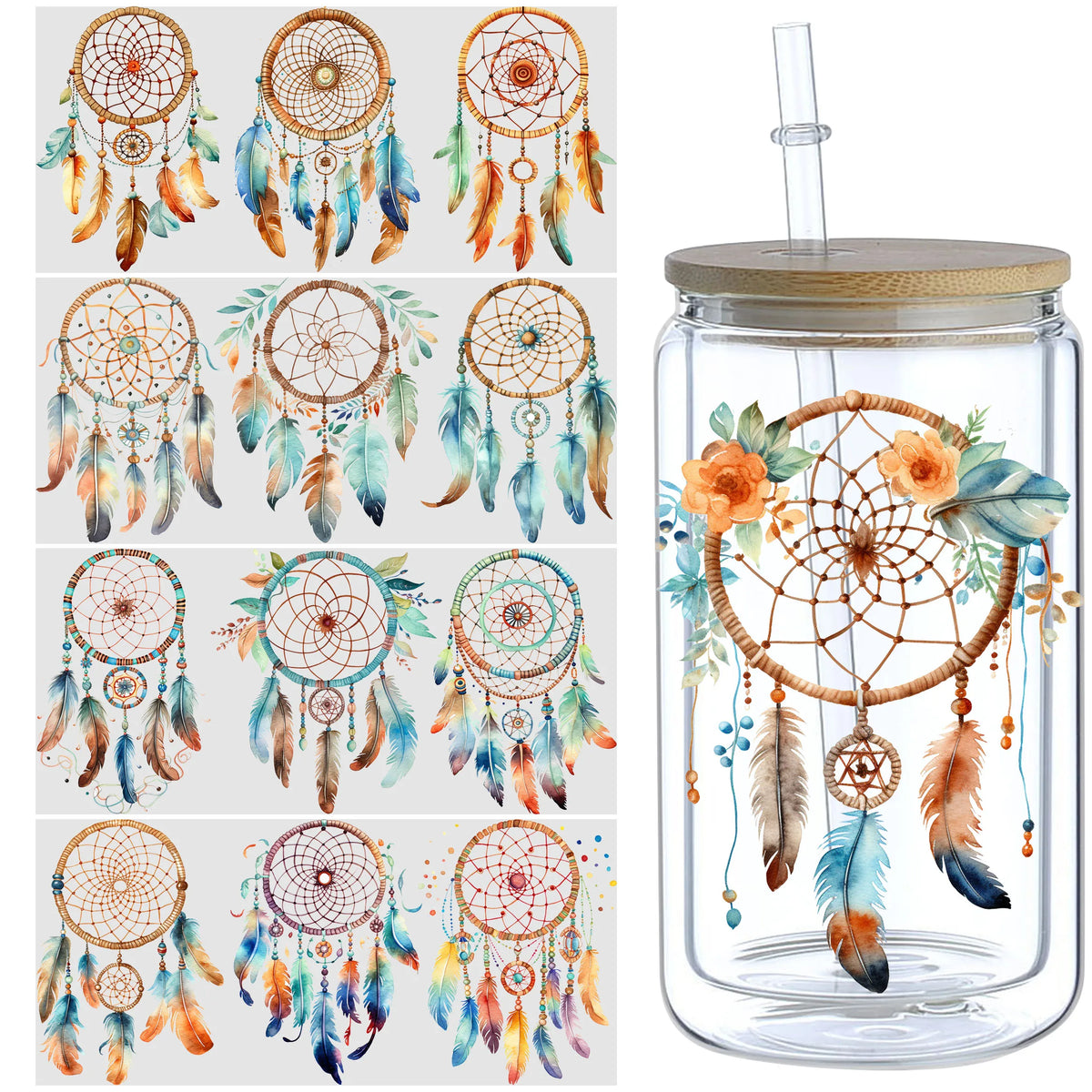 stickers adhésifs dreamcatchers fleurs plumes bohème aquarelle transparents bouteilles bois pack pièces