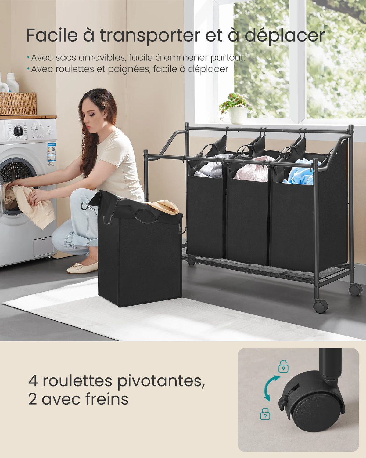 Vue de détail des roulettes du panier à linge pour mobilité