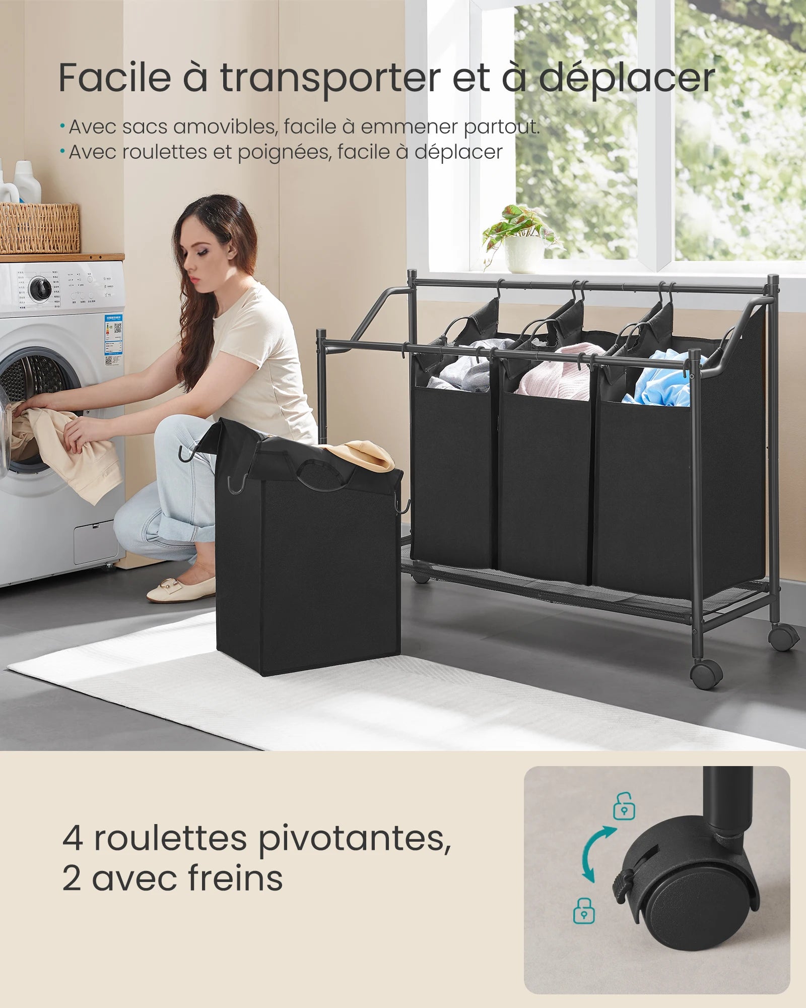 Vue de détail des roulettes du panier à linge pour mobilité