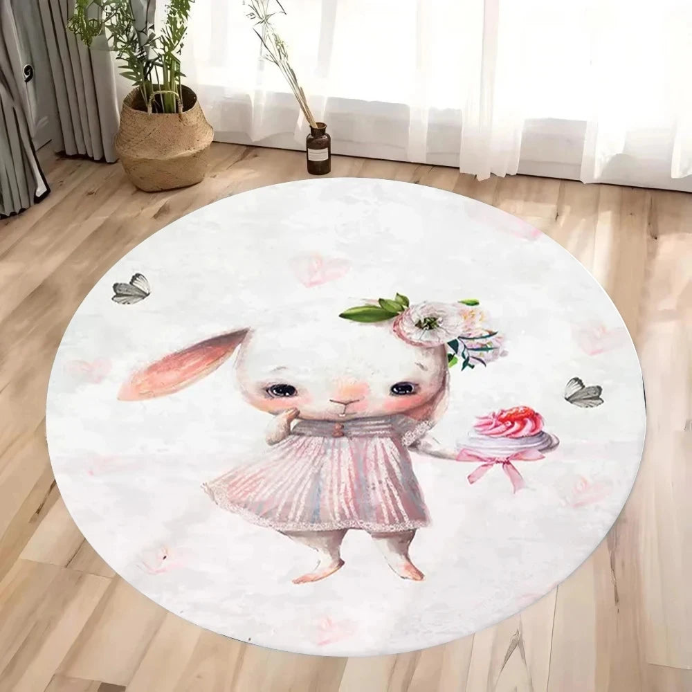 tapis rond illustration animaux costumes danse floral blanc rose gris vert foncé moderne chambre