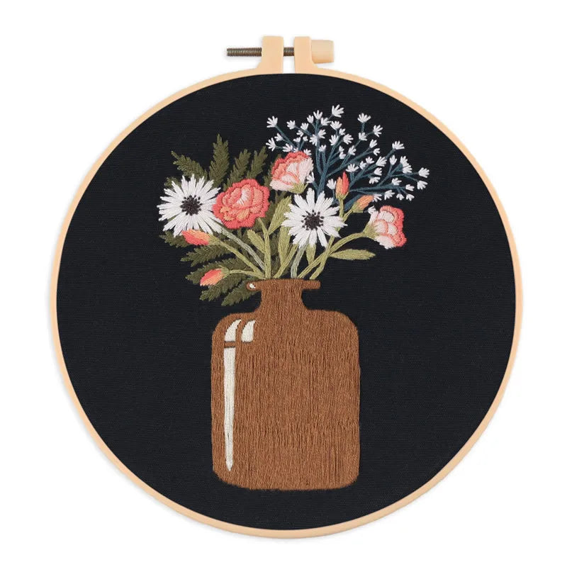 broderie fleur artisanale kit diy tissu coton couleurs vives instructions françaises anneaux bois