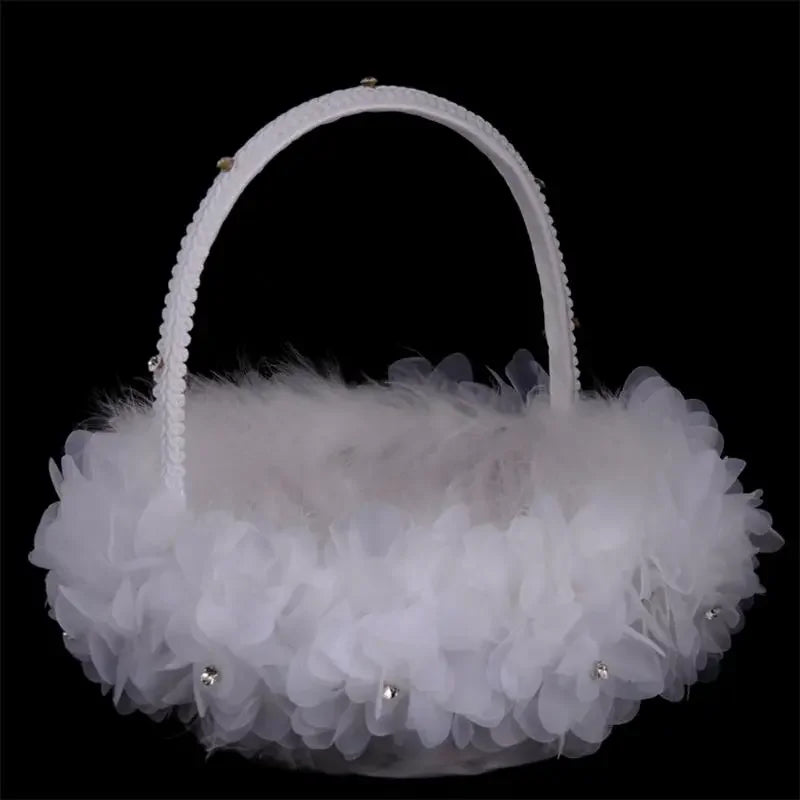 panier blanc mariage fleurs tissu plumes rubans strass occasion anniversaire valentin fiancailles