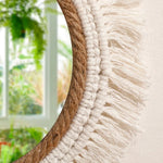 miroir mural bohème tressé franges blanches corde beige clair chambre salon decoration
