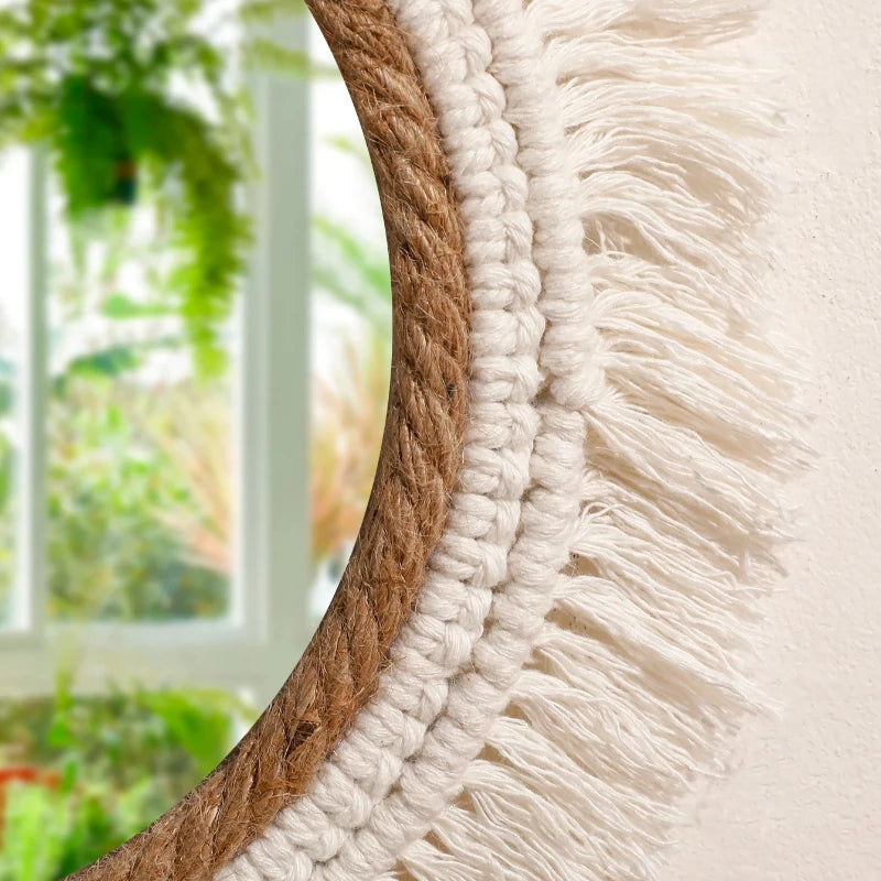miroir mural bohème tressé franges blanches corde beige clair chambre salon decoration