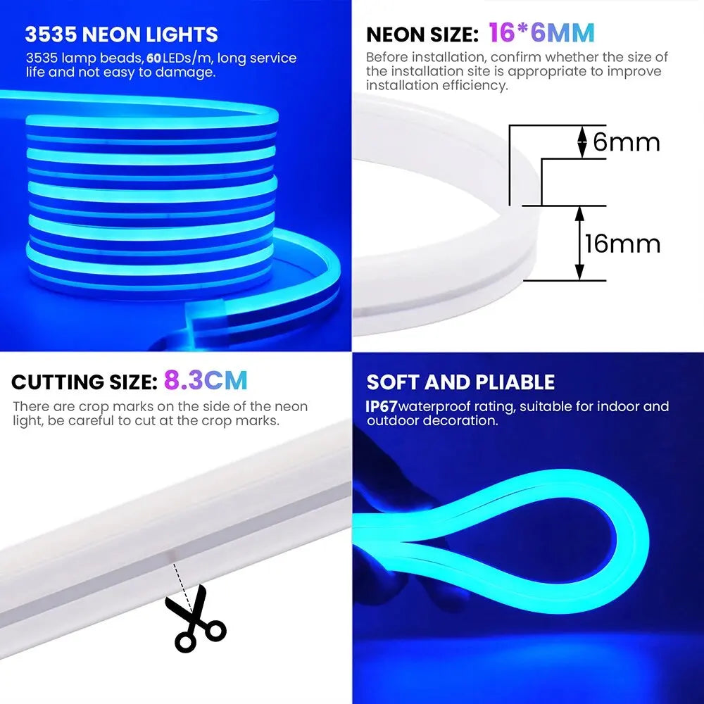 ruban led néon multicolore moderne 24v ip68 waterproof 10m télécommande app musique
