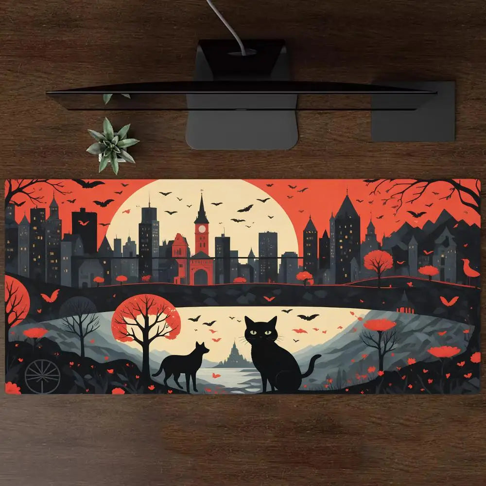 tapis souris paysage urbain chats graphique rouge noir gris
