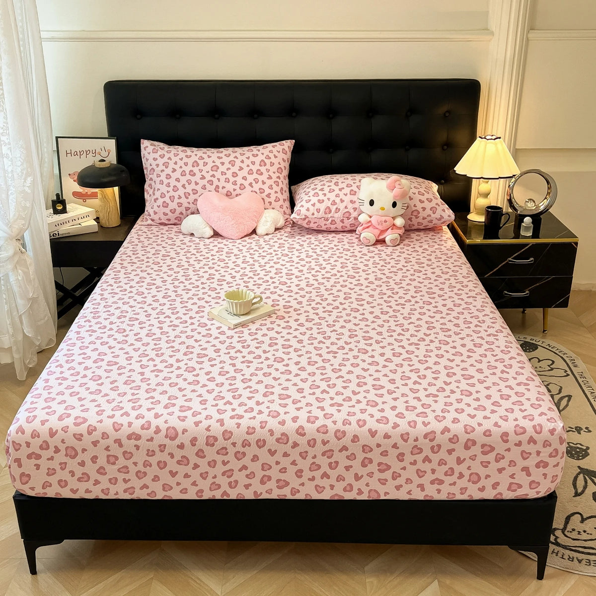 housse lit imprimée coeurs roses clairs moderne 100 polyester élastique single queen king