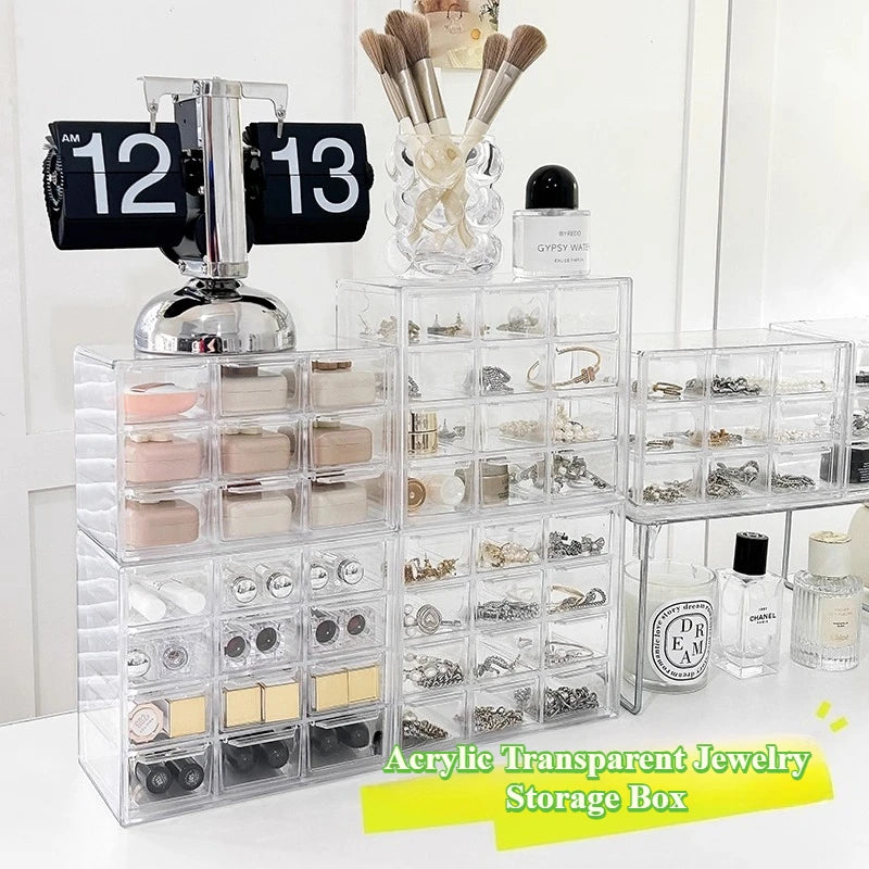 boîte rangement bijoux transparent moderne minimaliste empilable grilles acrylique respectueux environnement multiple utilisations