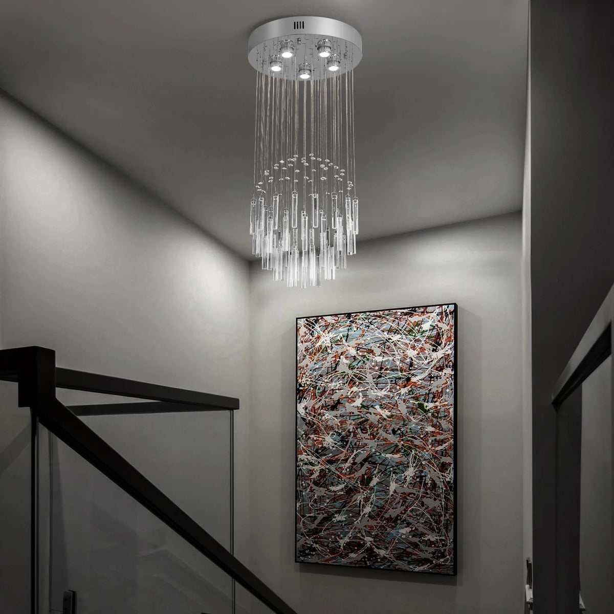 lustre suspendu moderne cristal argenté gouttes transparentes intérieur luxe