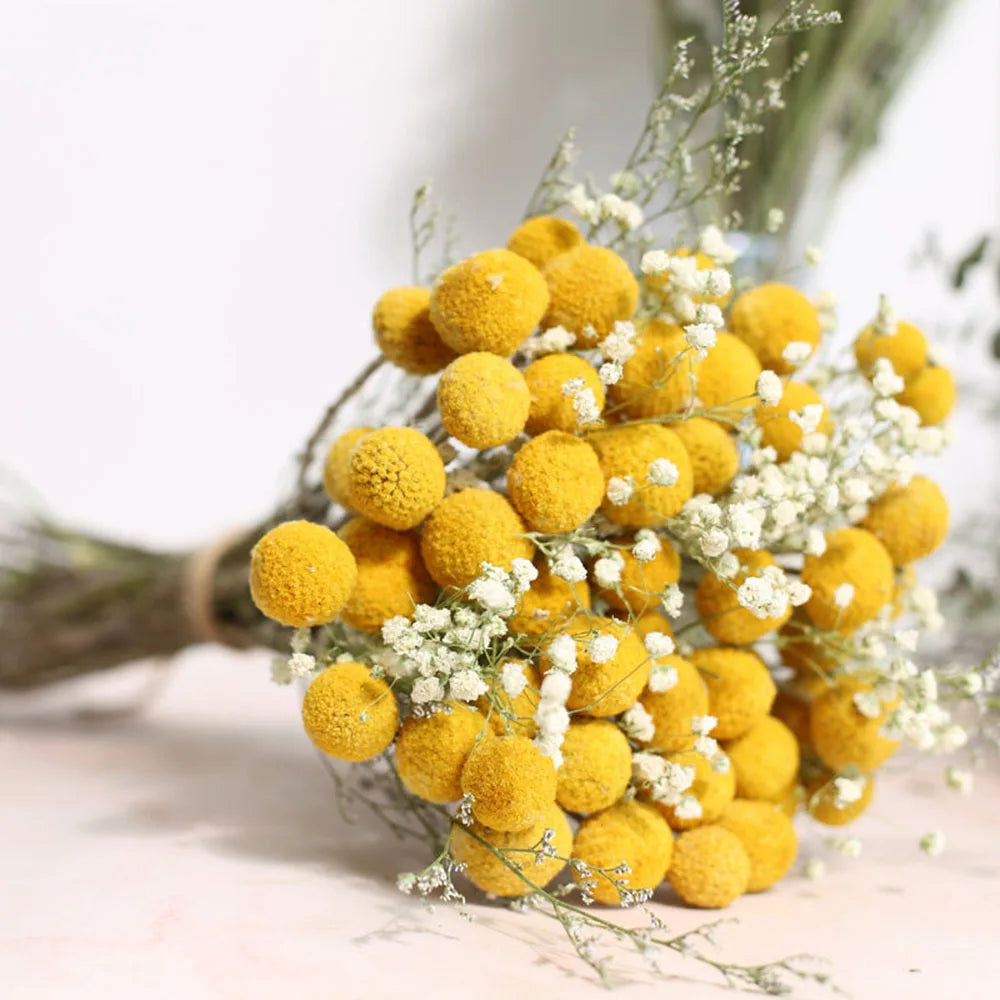 bouquet fleurs séchées boule dorée gypsophile eucalyptus feuilles naturel rustique décoration maison anniversaire wedding