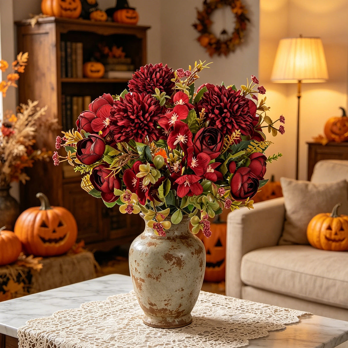 bouquet fleurs artificielles rouge orange bleu blanc vintage vase intérieur décoration maison festive