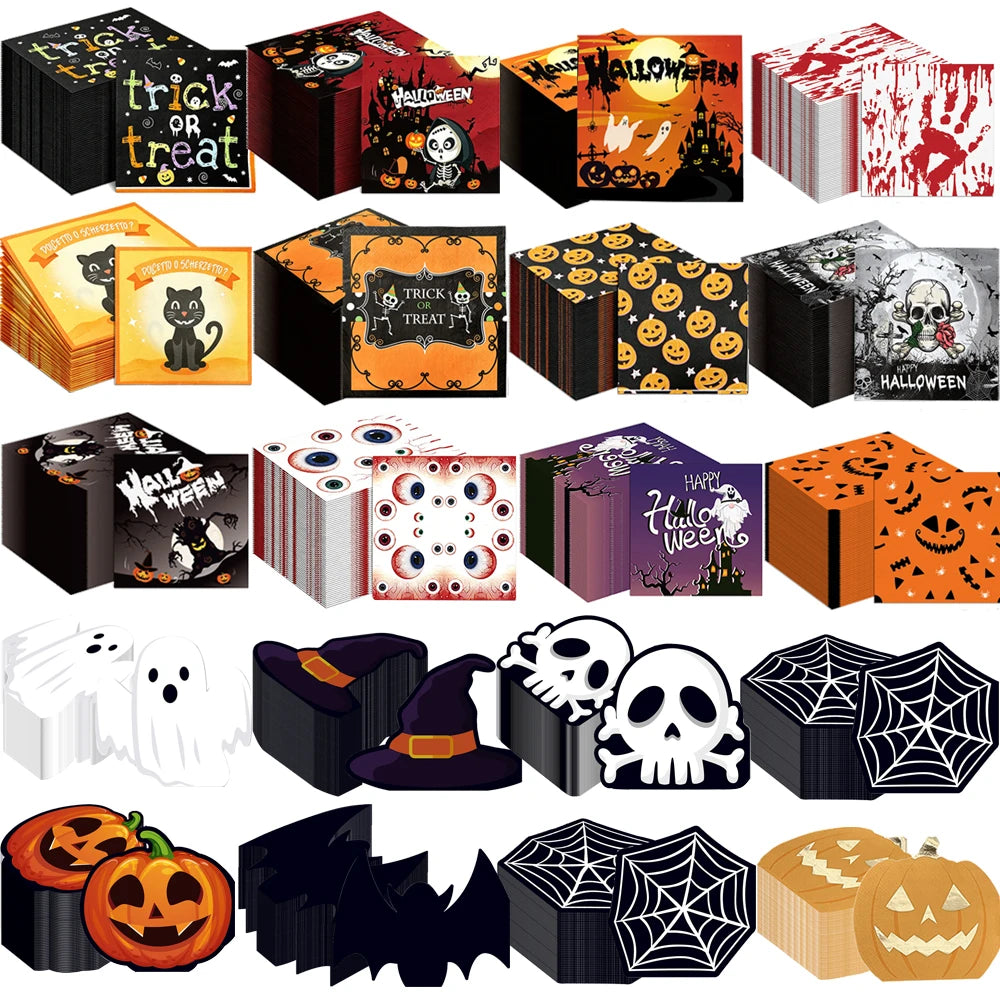 serviettes papier halloween motifs citrouille fantôme crâne main ensanglantée sorcière chauve souris cocktail