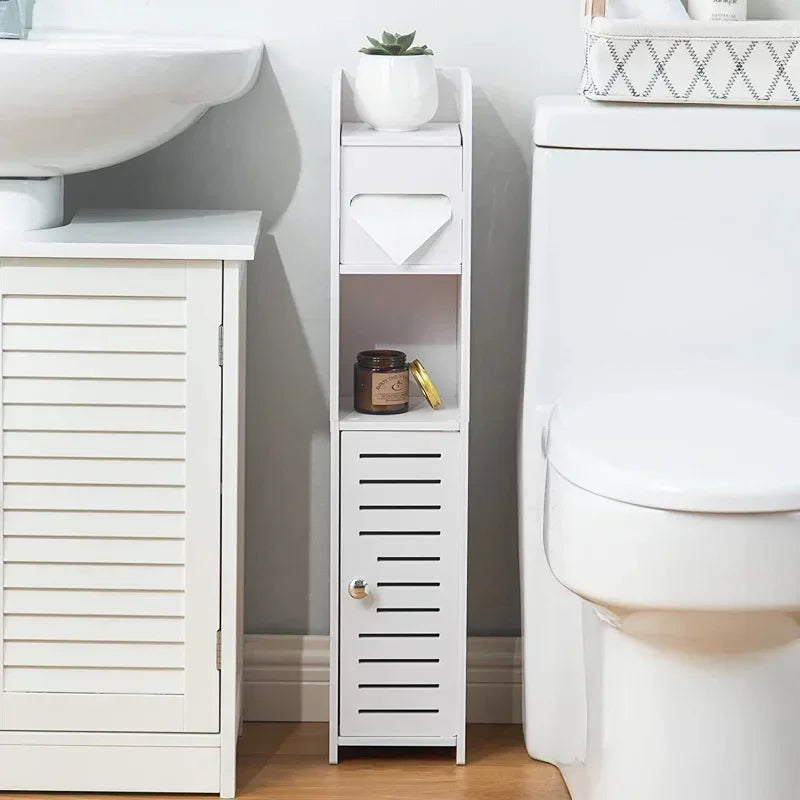 meuble rangement blanc lattes verticales moderne petite plante papier toilette clorox boite geometrique 80cm