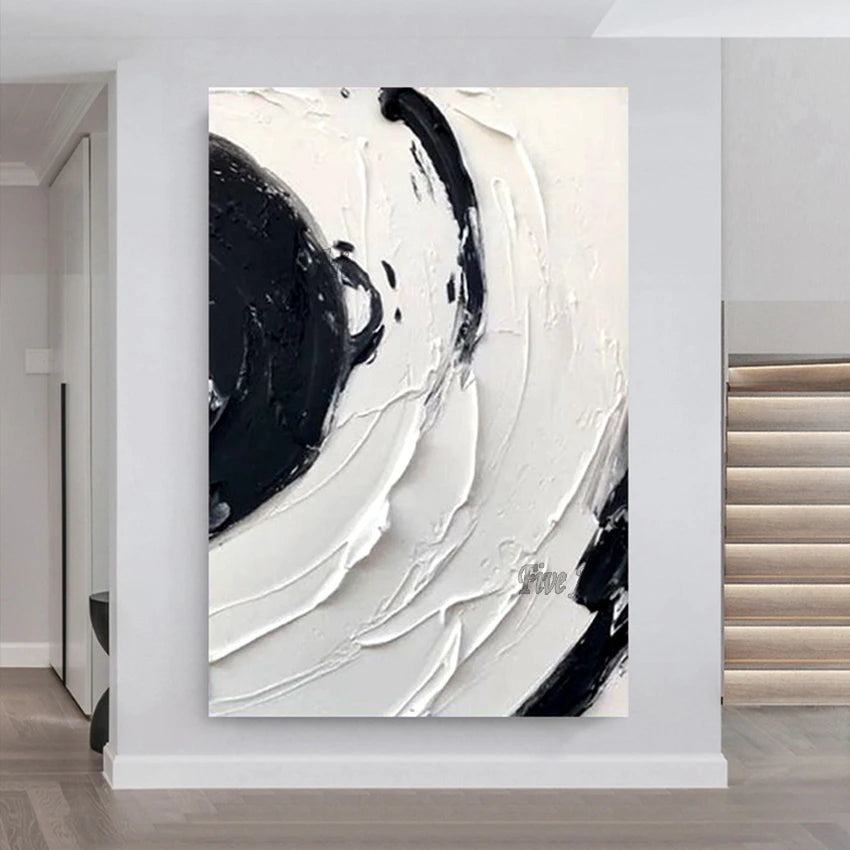 Peinture abstraite noir et blanc sur toile épaisse grand format