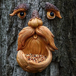 mangeoire oiseaux visage résine marron clair sculpté yeux bec coquille deco adhésifextérieur graines maize