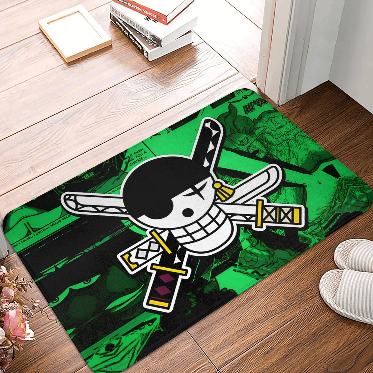 tapis sol antidérapant one piece zoro épées croisées moderne vert noir blanc