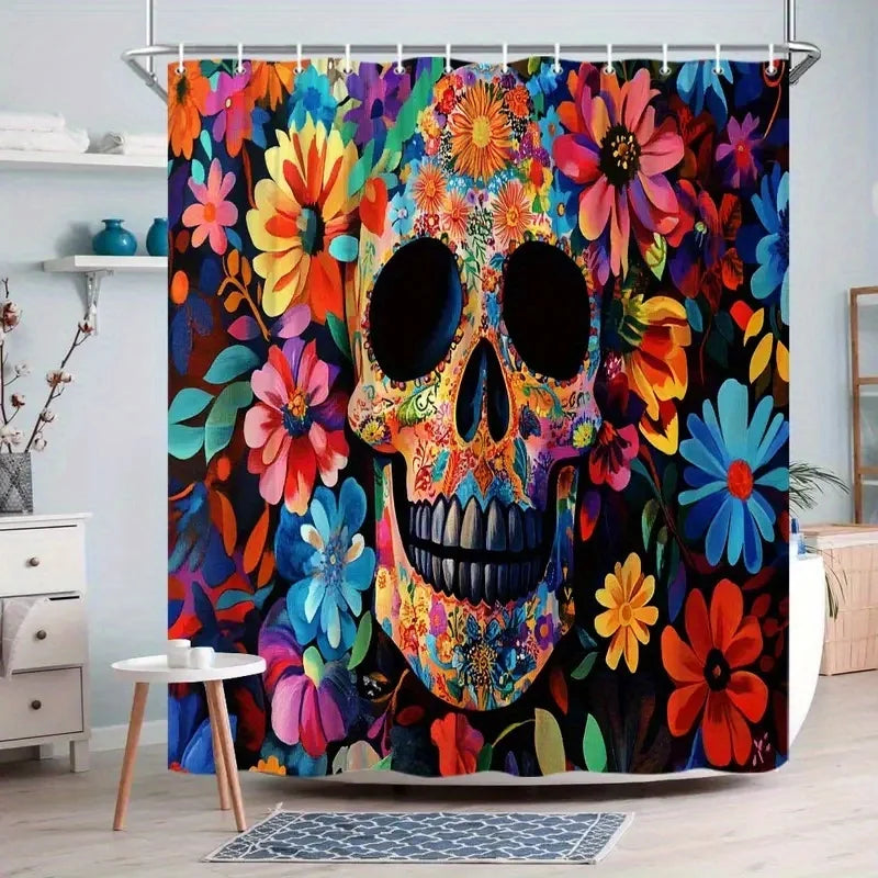 rideau douche multicolore crâne fleurs opacité moderne floral décoration salle bain