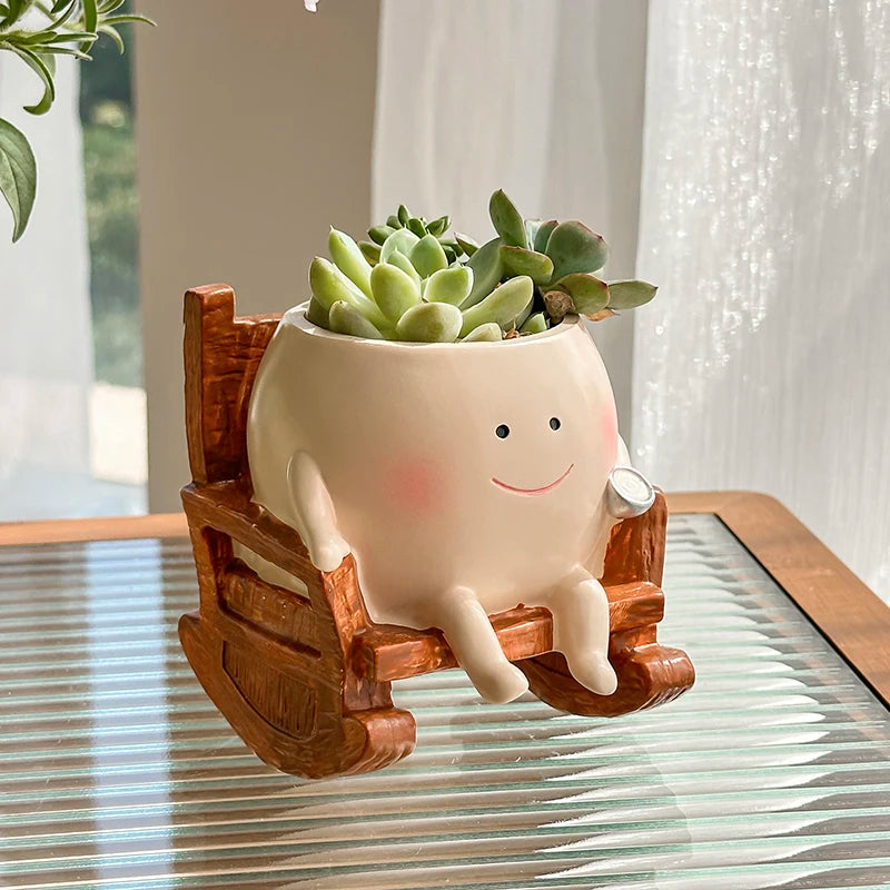 pot fleurs résine forme chaise bascule plante succulente motif souriant mignon décoration maison