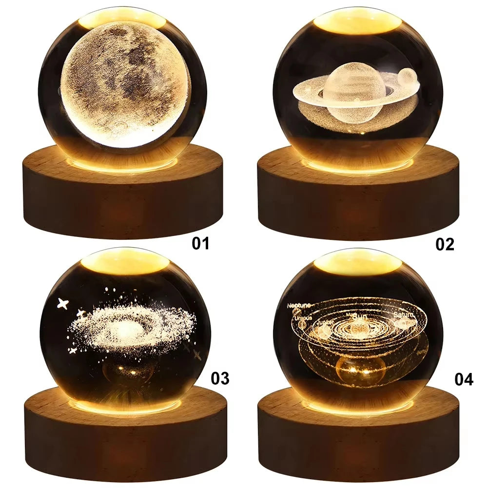 veilleuse nuit 3d boule transparente galaxie motifs stellaires moderne led usb rechargeable enfants chambre