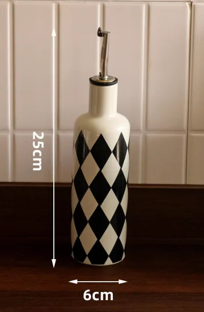 bouteilles cuisine céramique blanc noir rayures fleurs moderne assaisonnement huile épices stockage respectueux environnement